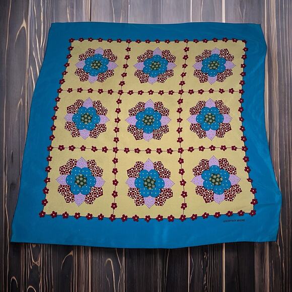 Geoffrey Beene 100% Silk Square Scarf – Floral Quilted Pattern – Teal Background - Picture 1 of 8